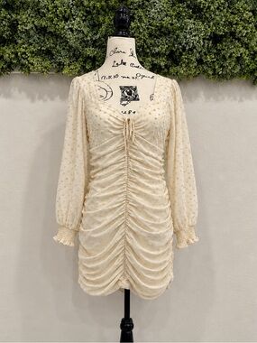 Just Me Cream Swiss Dot Ruched Mini Dress Size L